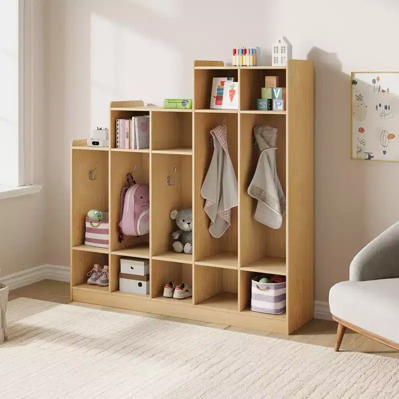 Porte-manteau en bois à 5 sections pour enfants - 9 casiers de rangement, 10 crochets - Organisateur pour crèche, maternelle, maison, chambre d'enfant, école