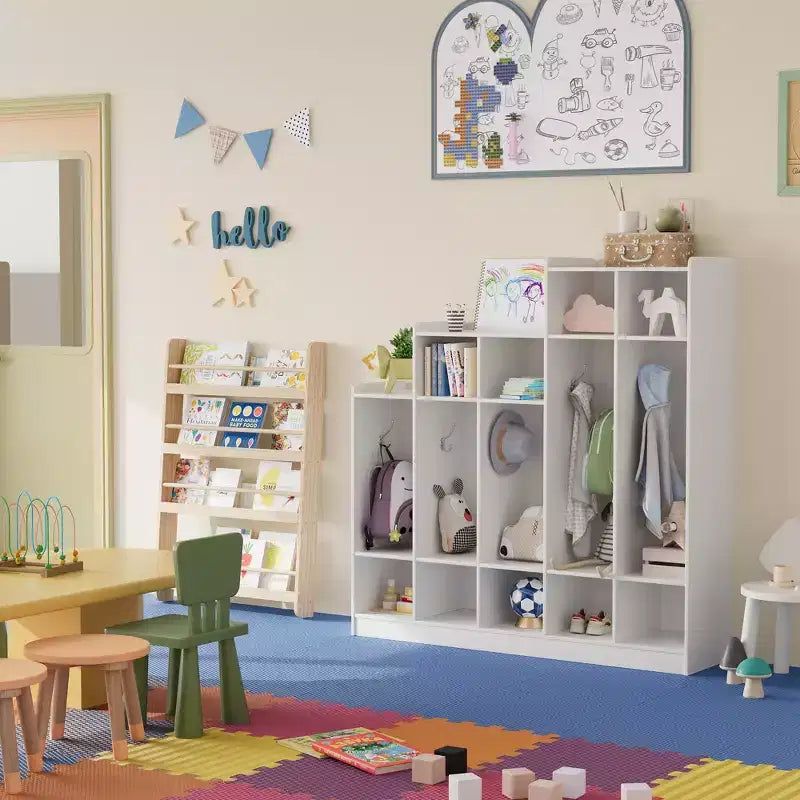 Porte-manteau en bois à 5 sections pour enfants - 9 casiers de rangement, 10 crochets - Organisateur pour crèche, maternelle, maison, chambre d'enfant, école