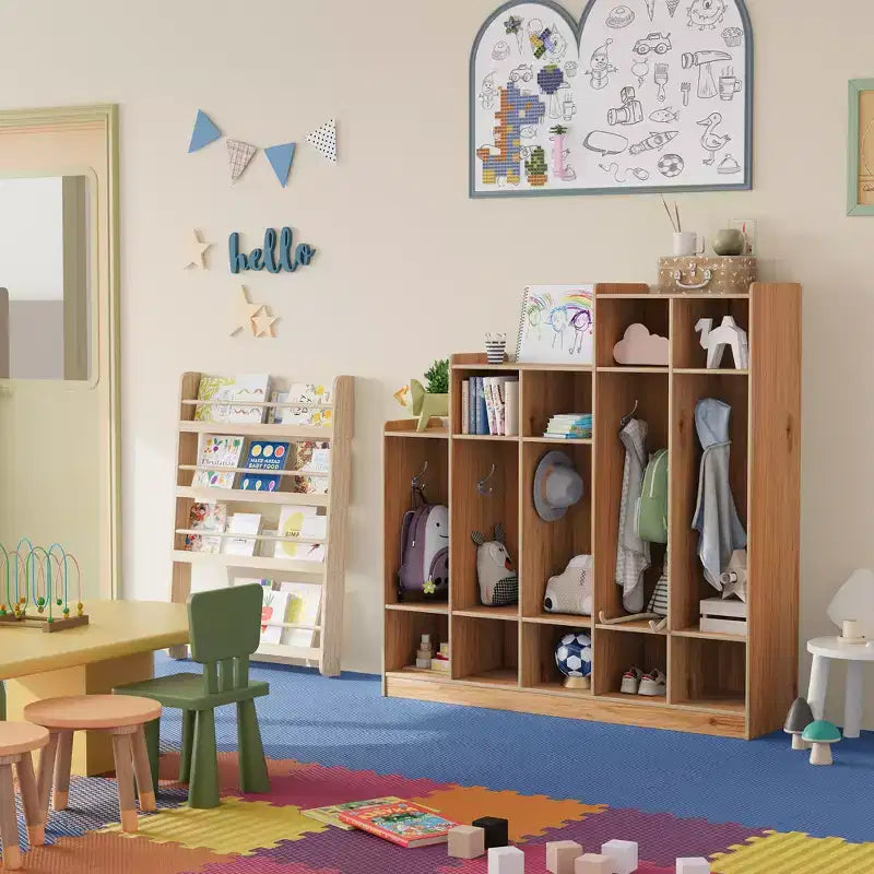 Porte-manteau en bois à 5 sections pour enfants - 9 casiers de rangement, 10 crochets - Organisateur pour crèche, maternelle, maison, chambre d'enfant, école