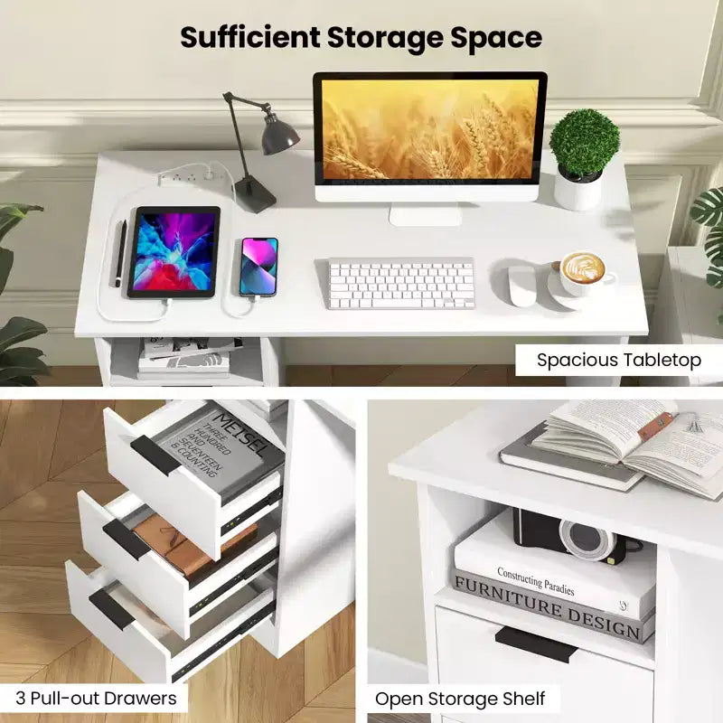Bureau informatique de 108 cm avec station de charge intégrée, 3 tiroirs et une étagère ouverte