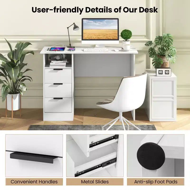 Bureau informatique de 108 cm avec station de charge intégrée, 3 tiroirs et une étagère ouverte