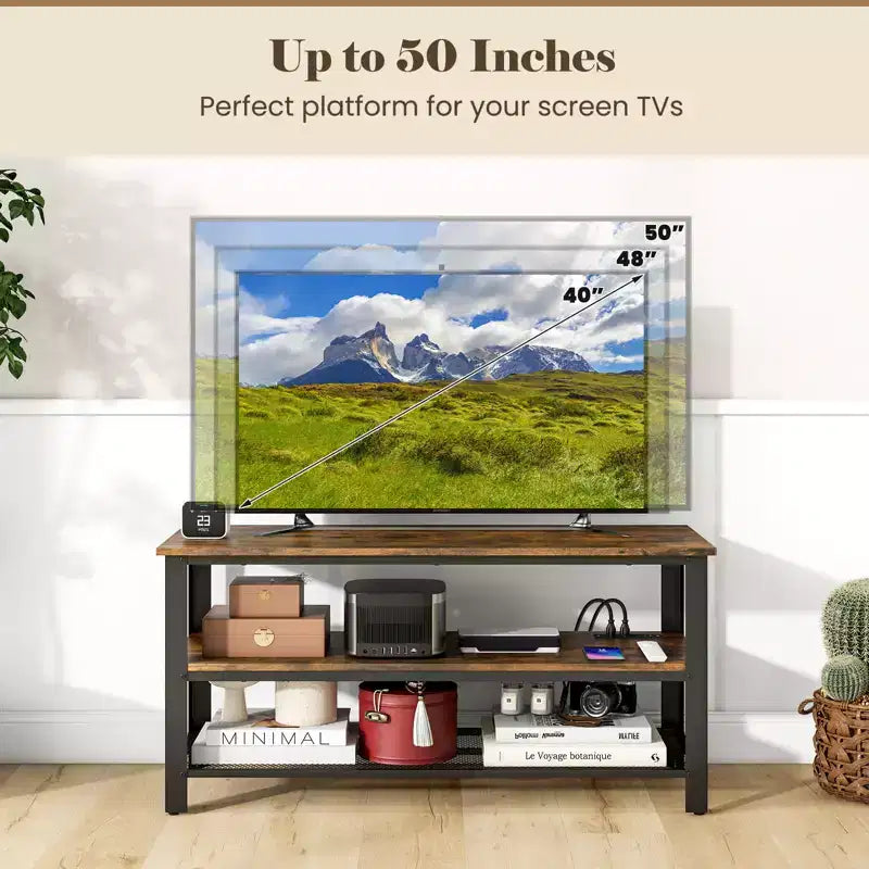 Meuble TV Costway pour téléviseurs jusqu'à 50 pouces, console TV à 3 niveaux avec prises de courant, ports USB et étagères de rangement