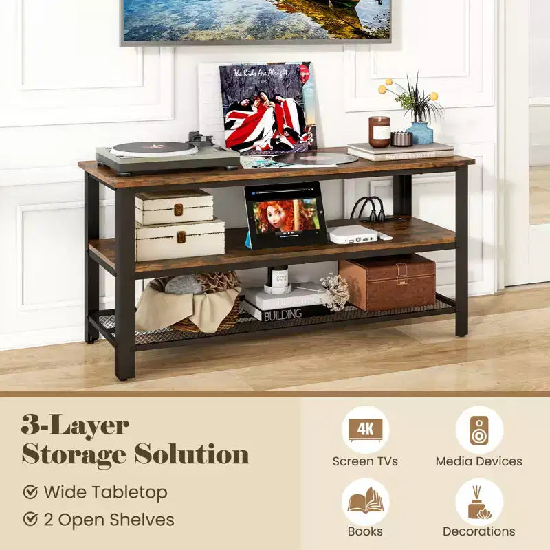 Meuble TV Costway pour téléviseurs jusqu'à 50 pouces, console TV à 3 niveaux avec prises de courant, ports USB et étagères de rangement