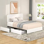Lit plateforme Queen avec 4 tiroirs Lit capitonné Queen avec tête de lit capitonnée incurvée et surpiquée, pas besoin de sommier tapissier, ivoire