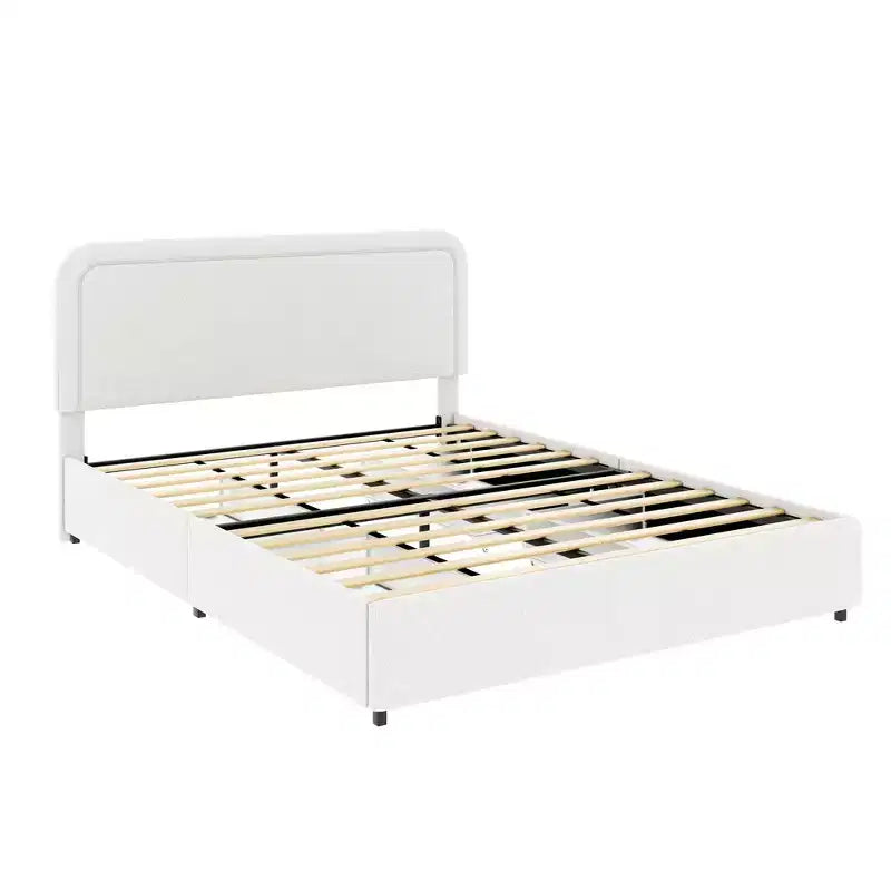 Lit plateforme Queen avec 4 tiroirs Lit capitonné Queen avec tête de lit capitonnée incurvée et surpiquée, pas besoin de sommier tapissier, ivoire