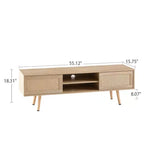 Meuble TV en rotin de 55,12 po avec étagères de rangement ouvertes, doubles portes coulissantes, pieds en bois massif, console multimédia pour salon et chambre