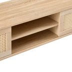 Meuble TV en rotin de 55,12 po avec étagères de rangement ouvertes, doubles portes coulissantes, pieds en bois massif, console multimédia pour salon et chambre