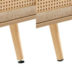 Meuble TV en rotin de 55,12 po avec étagères de rangement ouvertes, doubles portes coulissantes, pieds en bois massif, console multimédia pour salon et chambre
