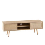 Meuble TV en rotin de 55,12 po avec étagères de rangement ouvertes, doubles portes coulissantes, pieds en bois massif, console multimédia pour salon et chambre