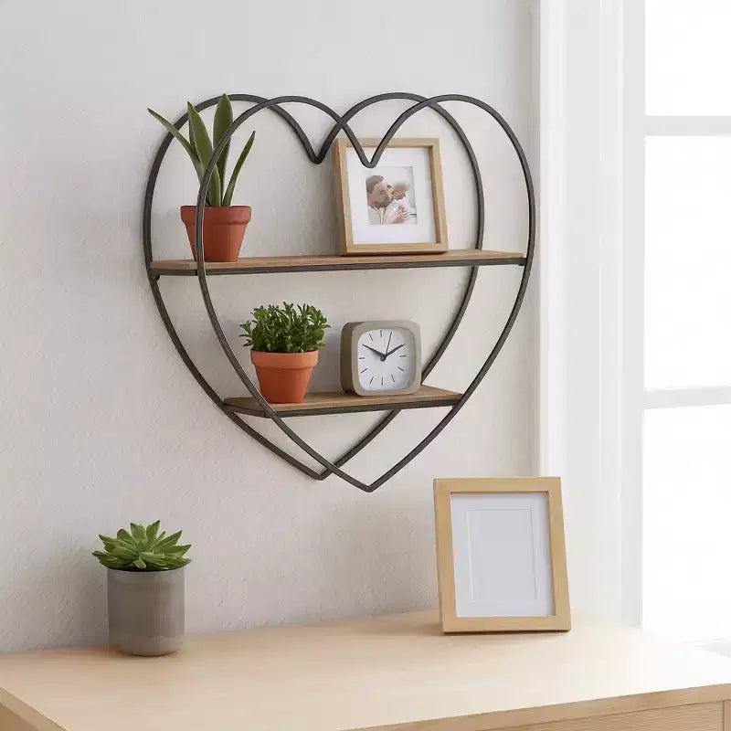 Étagère murale décorative double niveau en forme de cœur pour la décoration de la chambre et de la maison – Décoration murale en bois et métal pour chambre, salon et salle de bain – 20, Noir