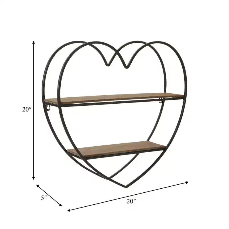 Étagère murale décorative double niveau en forme de cœur pour la décoration de la chambre et de la maison – Décoration murale en bois et métal pour chambre, salon et salle de bain – 20, Noir