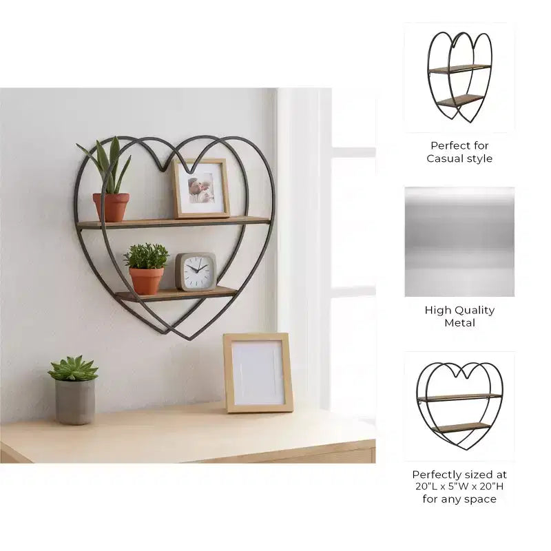 Étagère murale décorative double niveau en forme de cœur pour la décoration de la chambre et de la maison – Décoration murale en bois et métal pour chambre, salon et salle de bain – 20, Noir