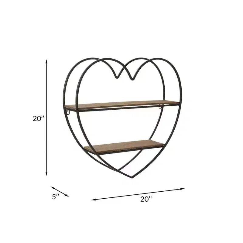 Étagère murale décorative double niveau en forme de cœur pour la décoration de la chambre et de la maison – Décoration murale en bois et métal pour chambre, salon et salle de bain – 20, Noir