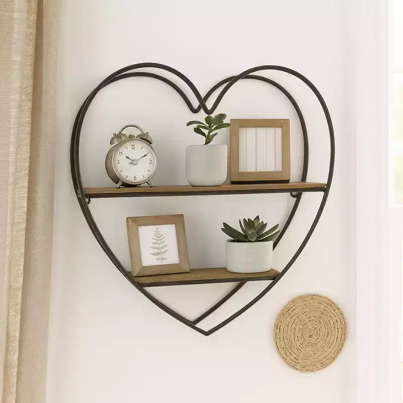 Étagère murale décorative double niveau en forme de cœur pour la décoration de la chambre et de la maison – Décoration murale en bois et métal pour chambre, salon et salle de bain – 20, Noir