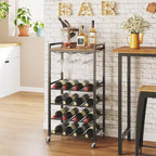 Étagère à vin autoportante avec porte-verres et plateau, rangement pour 16 bouteilles, cadre en métal marron rustique