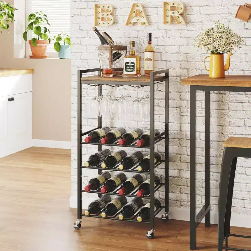 Étagère à vin autoportante avec porte-verres et plateau, rangement pour 16 bouteilles, cadre en métal marron rustique
