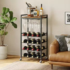 Étagère à vin autoportante avec porte-verres et plateau, rangement pour 16 bouteilles, cadre en métal marron rustique