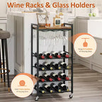 Étagère à vin autoportante avec porte-verres et plateau, rangement pour 16 bouteilles, cadre en métal marron rustique