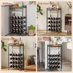 Étagère à vin autoportante avec porte-verres et plateau, rangement pour 16 bouteilles, cadre en métal marron rustique