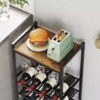 Étagère à vin autoportante avec porte-verres et plateau, rangement pour 16 bouteilles, cadre en métal marron rustique