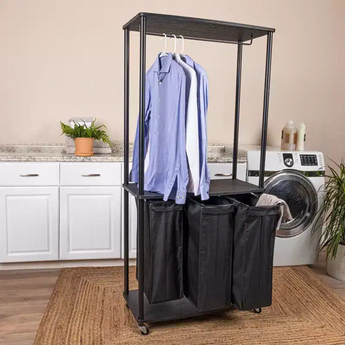 Centre de lessive à 3 sacs, Tablettes en stratifié lisse, Cadre en acier robuste, Barre de suspension, Options de pieds à roulettes et fixes
