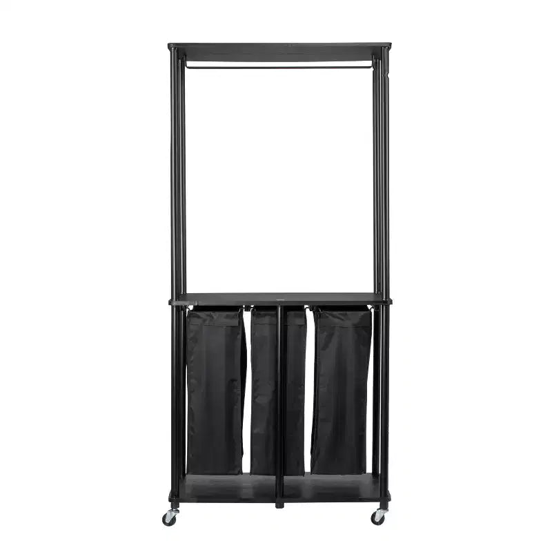 Centre de lessive à 3 sacs, Tablettes en stratifié lisse, Cadre en acier robuste, Barre de suspension, Options de pieds à roulettes et fixes