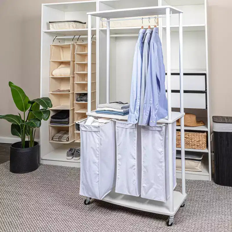 Centre de lessive à 3 sacs, Tablettes en stratifié lisse, Cadre en acier robuste, Barre de suspension, Options de pieds à roulettes et fixes