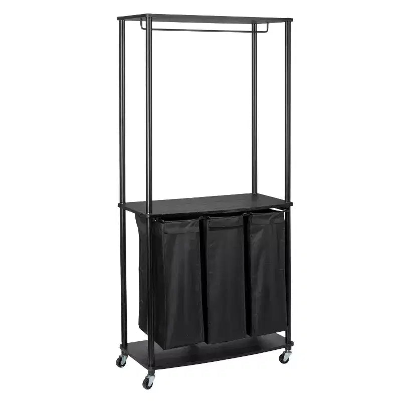Centre de lessive à 3 sacs, Tablettes en stratifié lisse, Cadre en acier robuste, Barre de suspension, Options de pieds à roulettes et fixes