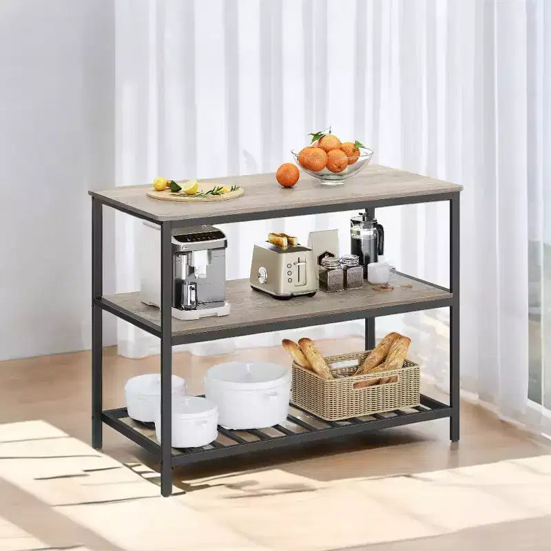 Meuble Îlot de Cuisine avec 3 Étagères, Table Îlot, Étagère de Cuisine de 120 cm de Large avec Grand Plan de Travail, Structure en Acier Stable, Industriel, Facile à Assembler