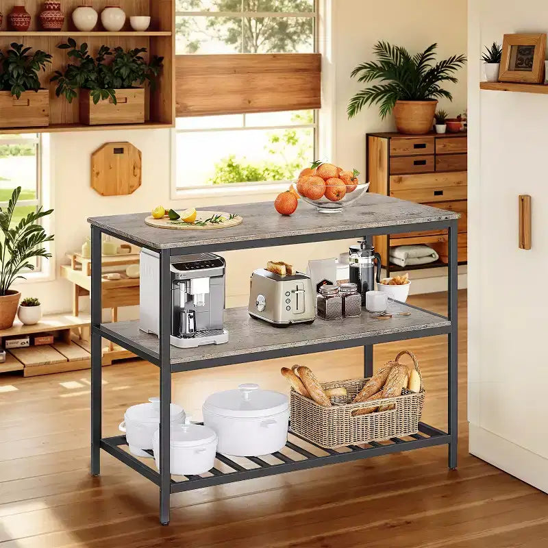 Meuble Îlot de Cuisine avec 3 Étagères, Table Îlot, Étagère de Cuisine de 120 cm de Large avec Grand Plan de Travail, Structure en Acier Stable, Industriel, Facile à Assembler