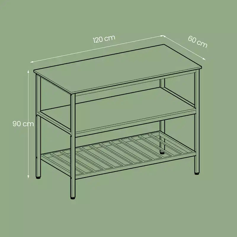 Meuble Îlot de Cuisine avec 3 Étagères, Table Îlot, Étagère de Cuisine de 120 cm de Large avec Grand Plan de Travail, Structure en Acier Stable, Industriel, Facile à Assembler