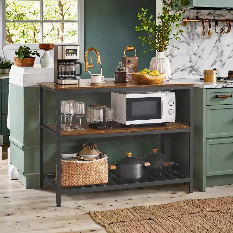 Meuble Îlot de Cuisine avec 3 Étagères, Table Îlot, Étagère de Cuisine de 120 cm de Large avec Grand Plan de Travail, Structure en Acier Stable, Industriel, Facile à Assembler