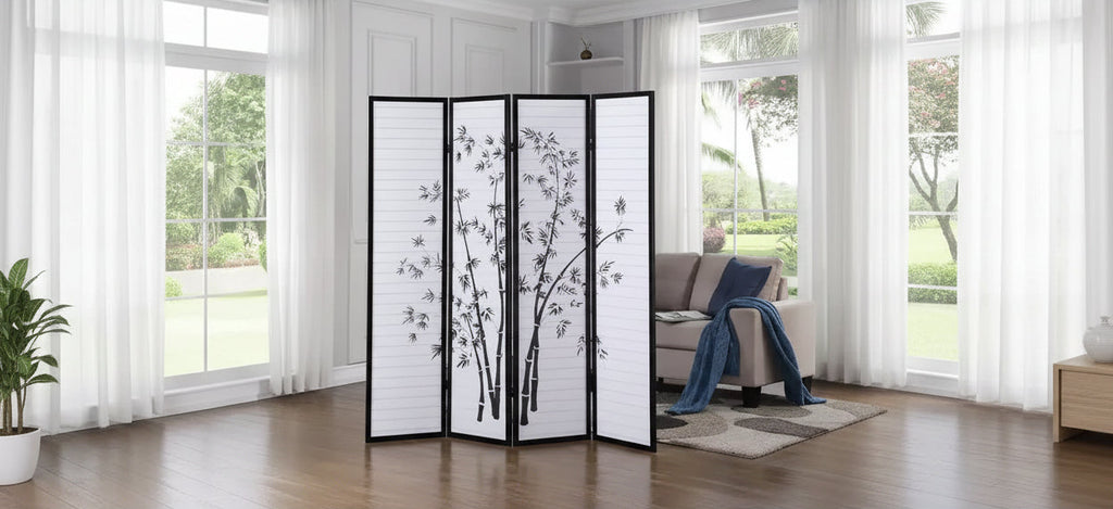 Roundhill Furniture Bamboo Print 4-Panel Framed Room Divider, Black