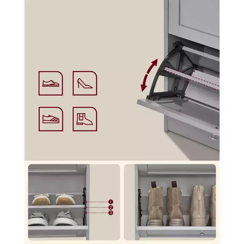 Meuble à chaussures avec 3 tiroirs à abattant, Armoire à chaussures, Séparateurs réglables et amovibles, 23,9 x 60 x 108 cm